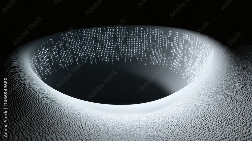 Poster futuristic abstract light display with patterns and shapes revealing a deep circular void in a dark 