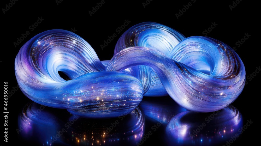 Poster abstract swirls of glowing blue light waves on a dark background with sparkles, creating a mesmerizi