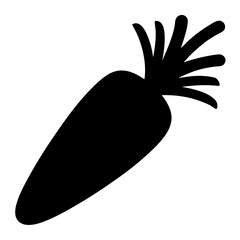A bold and simple black silhouette of a carrot on a white background