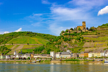 Kaub (Germany) with Gutenfels Castle and vineyards above the Rhine river