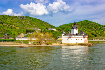 Pfalzgrafenstein Castle on the river Rhine with small beach near Kaub (Germany)
