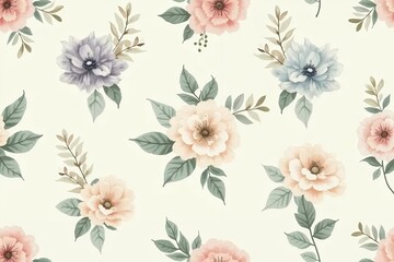 Soft hand-painted seamless floral pattern in cream, blush, periwinkle, and sage green hues. 