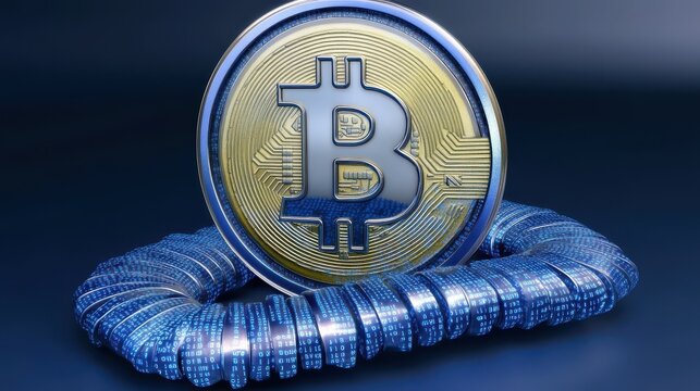 Golden Bitcoin Coin Surrounded by Binary Code on a Dark Background Emphasizing Digital Currency and Blockchain Technology - Powered by Adobe