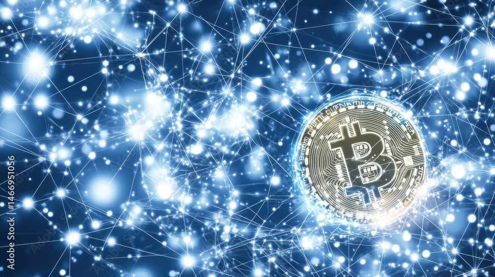 Poster bitcoin coin surrounded by glowing blue lights in a digital network visualization representing crypt