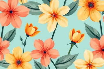 Seamless hand-painted floral pattern with warm coral, peach, and golden-yellow blooms. 