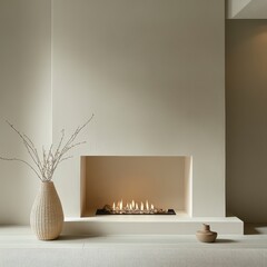 A white fireplace with LED lights, a small wicker vase on the floor beside it, minimalist decor in light beige tones, the photo taken from a front angle,