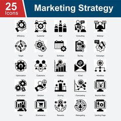  Marketing Strategy is a collection of icons representing the processes of campaign planning, customer targeting, optimization, survey analysis, forecasting, email marketing, e-commerce.