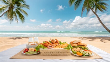 Obraz premium A tropical beach picnic with seafood, fresh fruit, burgers, and drinks set on a table beneath palm trees by the ocean.