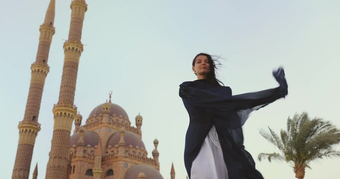 Woman Posing Gracefully in Front of Sahaba Mosque, Sharm El Sheikh