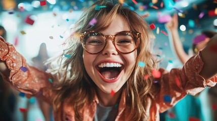 A vibrant scene of a young woman celebrating joyfully amidst colorful confetti, exemplifying happiness and carefree moments in a festive atmosphere.
