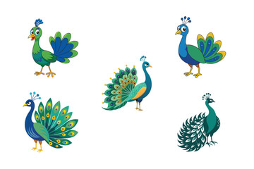 Colorful Peacock Cartoon Vector Set – 5 Unique Bird Illustrations on White Background