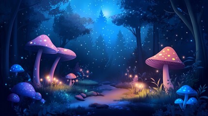 Enchanting Night Forest Path With Glowing Mushrooms