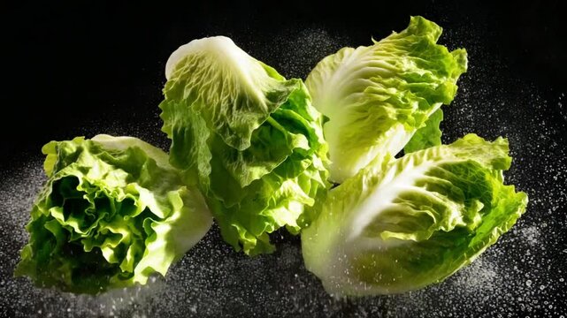 Fresh romaine lettuce leaves splashing in water against a dark background, emphasizing freshness