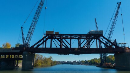 Work-in-progress bridge structure, with cranes and steel components sharply defined against a deep blue sky, capturing architectural ambition.  
