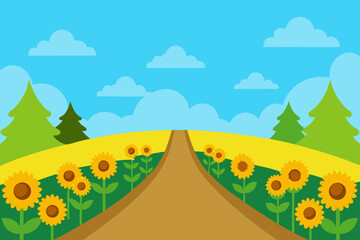 Obraz premium peaceful field path lined with blooming sunflowers.svg