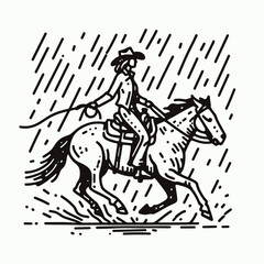 Fototapeta premium Cowgirl Riding in rain. Western cowgirl Outline Clipart line art doodle vector illustration. Equestrian female journey mounted amid a cloudburst country adventure.