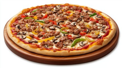 A top-down shot of a pizza with a variety of toppings like sausage, mushrooms, and bell peppers, set on a round wooden pizza board with scattered flour.