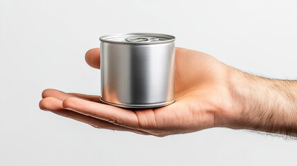 A man's hand holding snack product cans, isolated on a clear backdrop for food package images.