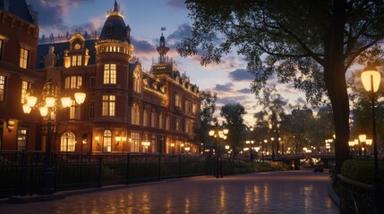 Fototapeta premium Evening Illumination: A Majestic European Building on a Calm Canal
