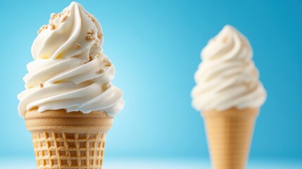 Two beautifully swirled ice cream cones are showcased against a soft blue background, evoking feelings of nostalgia, joy, and indulgence, perfect for any dessert lover.