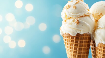 Two scoops of creamy ice cream in a waffle cone create a delightful visual treat, emphasizing beloved summertime indulgence against an appealing blue backdrop.