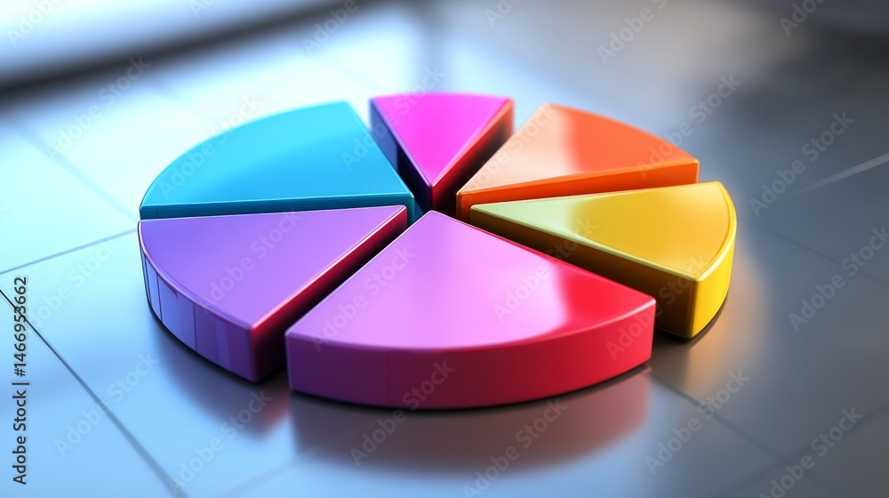 Poster a top-down view of a d pie chart with vibrant colors and varying segment sizes, representing budget 
