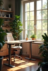 comfortable home office setup indoor plants warm light functionality adjustable furniture organization, workspace, desk, chair, lighting, shelves, stationery