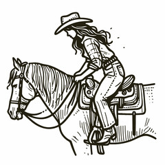 Fototapeta premium Cowgirl Lifting saddle onto horse. Western cowgirl Outline Clipart line art doodle vector illustration. .