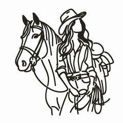 Cowgirl Leaning on horse. Western cowgirl Outline Clipart line art doodle vector illustration. .
