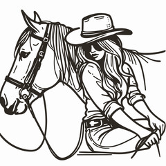 Cowgirl Leaning on horse. Western cowgirl Outline Clipart line art doodle vector illustration. Ranch woman rests near equine enjoying vista country theme.