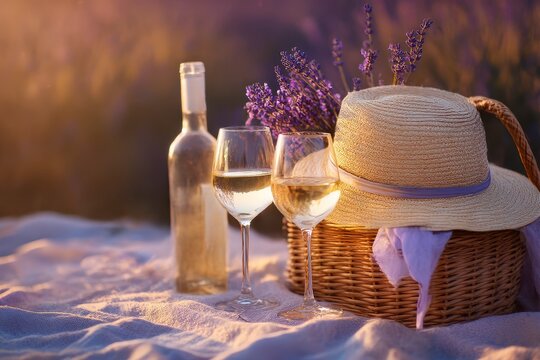 Two glasses of white wine and a bottle of wine on the background of a lavender field. Straw hat and basket with lavender flowers on a blanket during a picnic