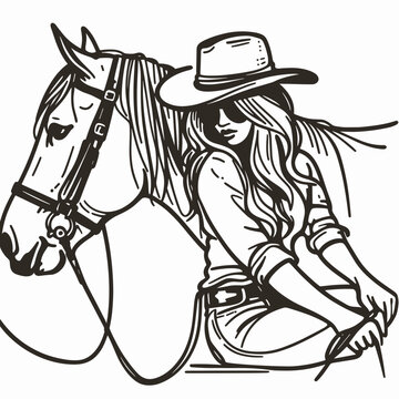 recommend clip art: Cowgirl Leaning on horse. Western cowgirl Outline Clipart line art doodle vector illustration. Ranch woman rests near equine enjoying vista country theme.