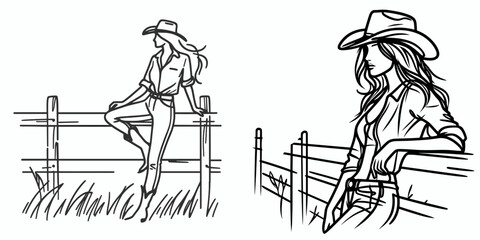 Cowgirl Leaning on a fence. Western cowgirl Outline Clipart line art doodle vector illustration. Ranch maiden resting at pasture barrier allure agrarian vista motif.