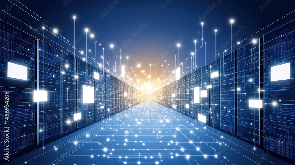 Poster futuristic data center with glowing lights and digital connections in a technology concept environme