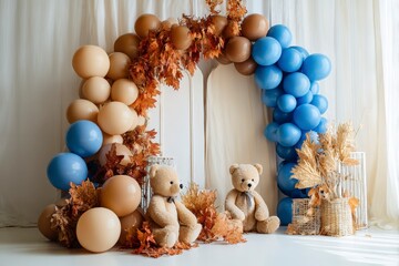 Room with photo wall decoration with balloons in beige, brown, blue. Concept of baptism celebration. Birthday party for boy.