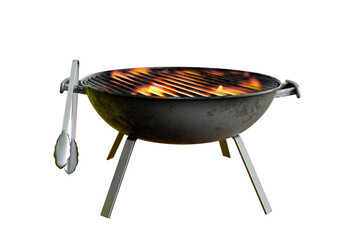 charcoal barbecue grill with open flame, isolated on white, 3D illustration