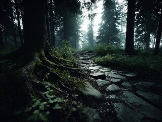 Obraz premium Misty forest path with ancient stones