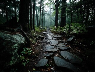 Fototapeta premium Misty forest path through stones