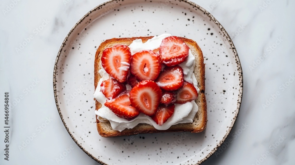 Poster a top-down view of a slice of honey toast topped with fresh strawberries and whipped cream, beautifu