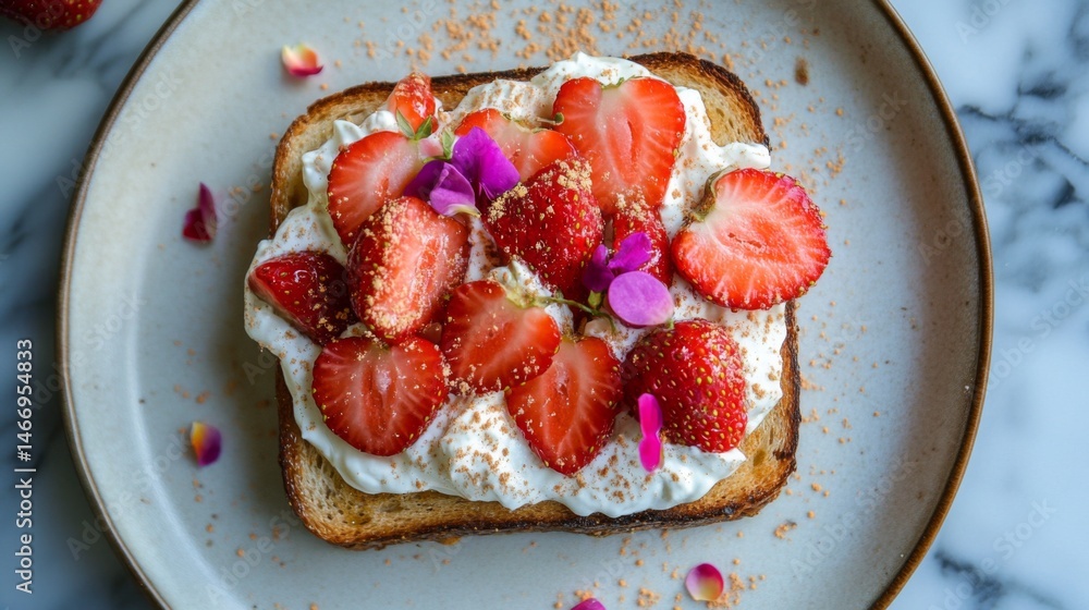 Poster a top-down view of a slice of honey toast topped with fresh strawberries and whipped cream, beautifu