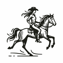 Cowgirl Galloping horse. Western cowgirl Outline Clipart line art doodle vector illustration. Female equestrian riding steed dashing across land adventure theme.