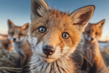 outdoor photography of adorable group of red fox kits looking down into the camera, perspective from below, wide angle lens, surrounded by wildflower meadow at golden hour
