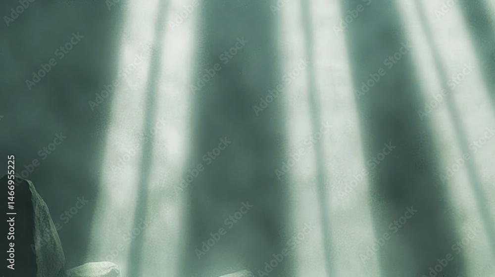 Poster sunlight streams through mist over rocky surface in enigmatic forest environment captured in serene 