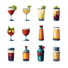 Drink icons set. Drinks glasses and bottles. Vector --v 6.1 --s 750 --raw