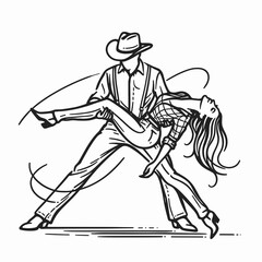 Cowgirl Dancing with partner. Western cowgirl Outline Clipart line art doodle vector illustration. Rodeo woman doing a hoedown compatriot country duo performance.