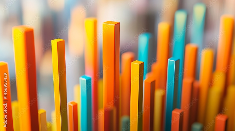 Poster A top-down view of a vibrant D bar graph with floating bars arranged in a wave pattern, creating a visually dynamic effect against a soft-focus city skyline.