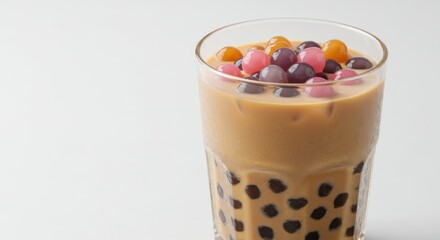 Glass of bubble tea with colorful tapioca pearls on a white background.