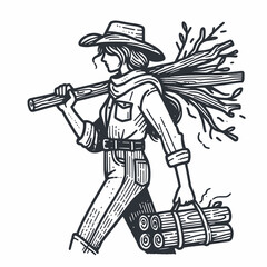 Cowgirl Carrying firewood. Western cowgirl Outline Clipart line art doodle vector illustration. Ranch woman hauling fuel logs rustic country existence natural energy timber.