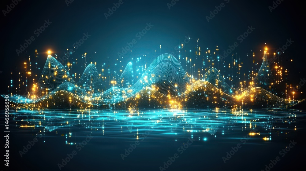 Poster abstract vibrant glowing waves with sparkling lights and reflections in a dark blue background for c