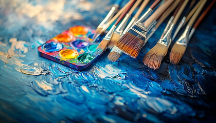 Fototapeta premium Assortment of Paintbrushes and Watercolor Palette on a Blue Textured Canvas